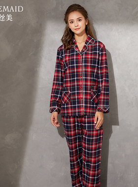 罗丝美秋冬新品纯棉色织格睡衣女国民领长袖长裤套装情侣款 11250