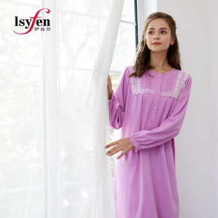 伊丝芬秋冬纯棉加厚针织布睡裙圆领半开襟镶蕾丝长袖长版31225