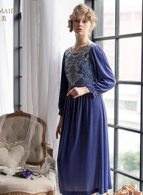 罗丝美秋冬家居服新品19202长袖蕾丝真丝丝绒女睡裙