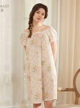 罗丝美春夏新款纯棉双层纱印玫瑰花U领带松紧套头短袖睡裙13028