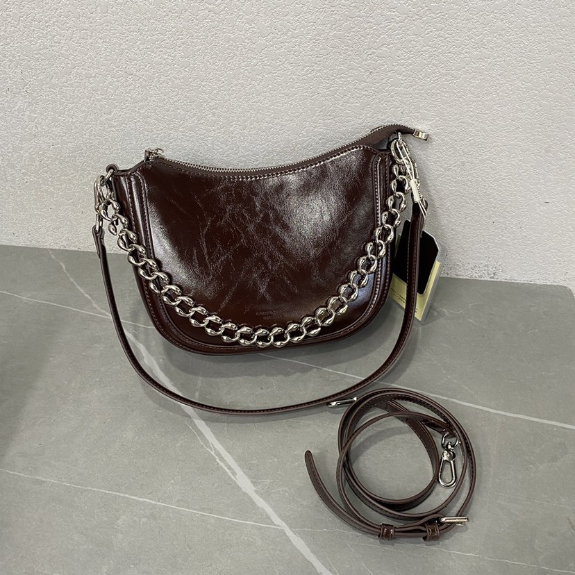 油腊皮新款女包时尚休闲百搭单肩斜挎包链条包宽肩带腋下包