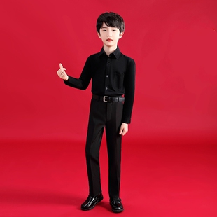 儿童棉衬衫黑色男童衬衫夏学生中大童长袖洋气儿童白衬衣帅气短袖