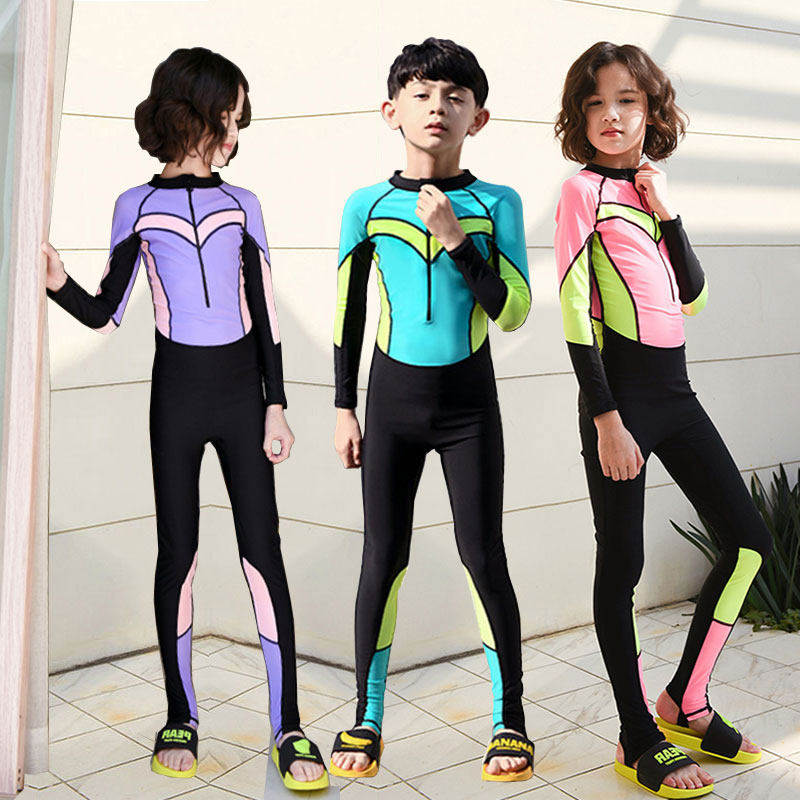 儿童外贸泳衣连体男童长袖长裤防晒大童女孩女童游泳衣保暖潜水服