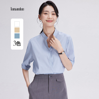 图曼朵蓝色衬衫女夏季短袖立领设计感小众高级感气质通勤职业衬衣