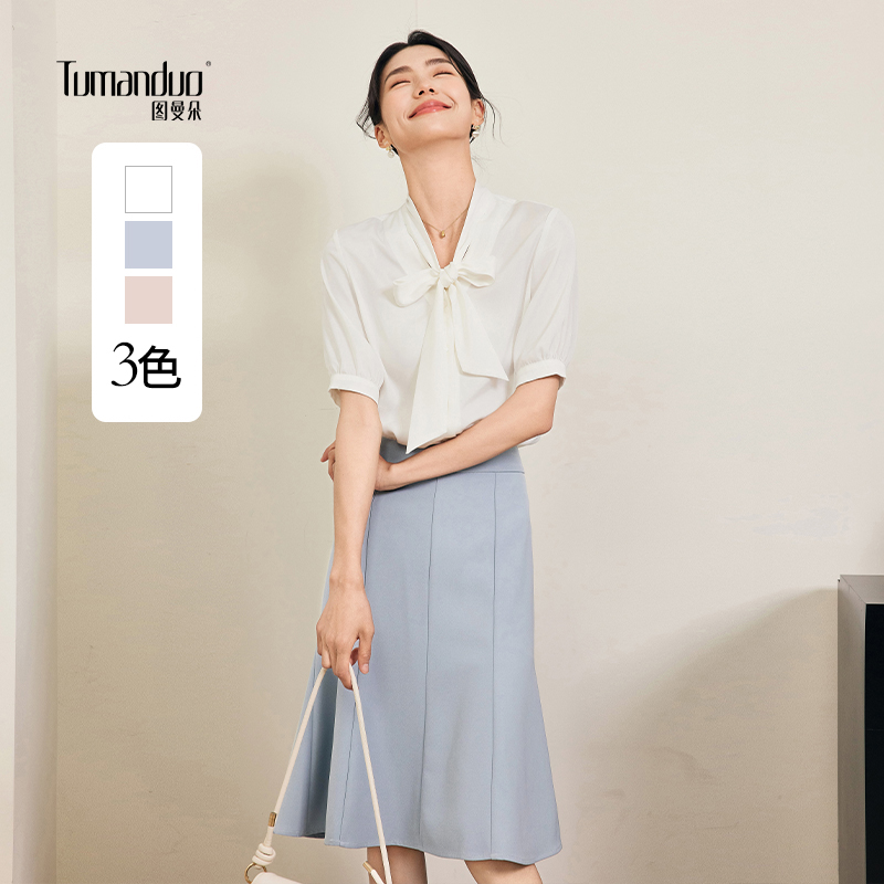 图曼朵白色蝴蝶结雪纺衬衫