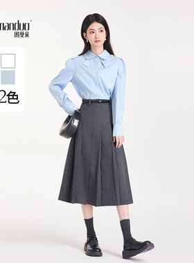 图曼朵蓝色学院风衬衫女秋法式蝴蝶结衬衣泡泡袖面试通勤上衣长袖