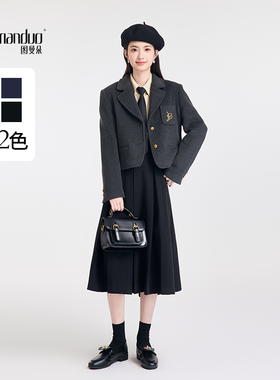 图曼朵灰色短款毛呢西装外套女学院风秋冬小个子气质复古面试正装