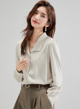 图曼朵米色长袖通勤衬衫女气质名媛职业上衣缎面职场轻熟风衬衣ol