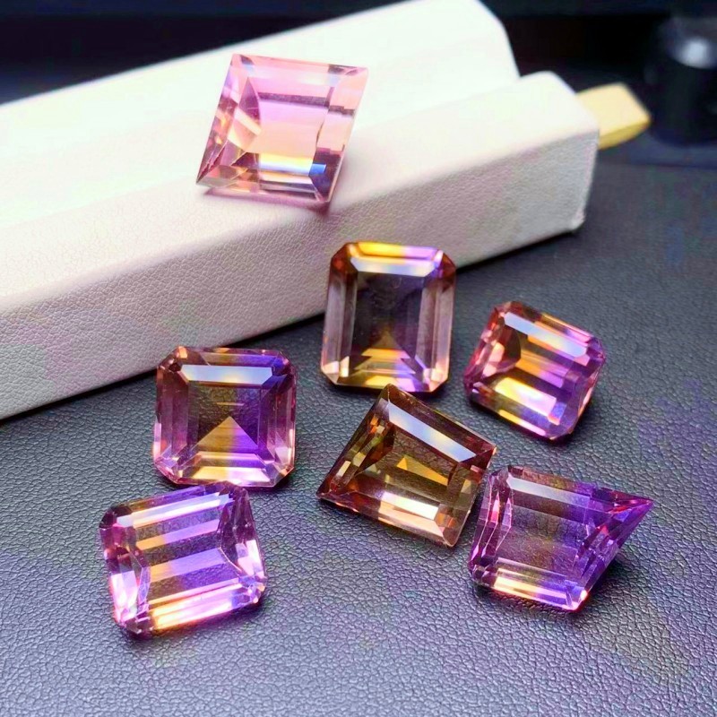 巴西方形紫黄水晶刻面裸石戒面18k金银镶嵌定制戒指吊坠耳坠手链