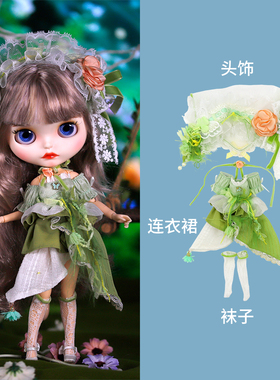 ICY DBS小布娃娃衣服绿色森林花之精灵连衣裙套装19关节ob24娃衣