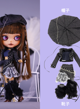 ICY DBS小布娃娃衣服黑色机车复古贝雷帽五件套装19关节OB24娃衣