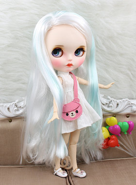 ICY DBS小布娃娃蓝色白色混色长发改娃妆成品睡眼全眼礼盒装