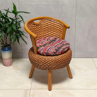 新款藤编带扶手靠背椅老人用休闲小座椅客厅阳台藤椅子圆凳子餐椅