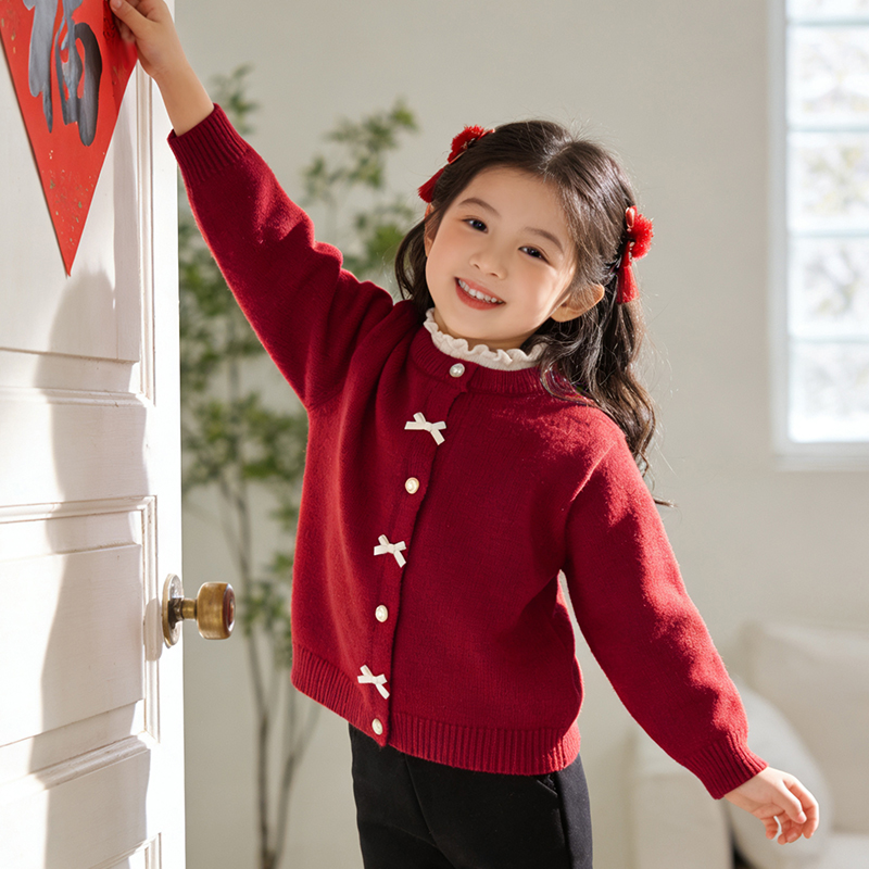 儿童女毛衣红色新年拜年衣服女童上衣季针织衫开衫过年衣服圣诞节