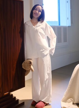 50支法式波浪刺绣纯棉米白家居服睡衣套装可外穿衬衫分体度假休闲