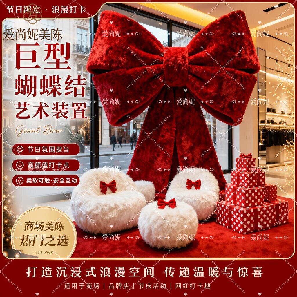 圣诞节橱窗装饰品红色毛绒毛线编织蝴蝶结服装店巨型美陈布置道具