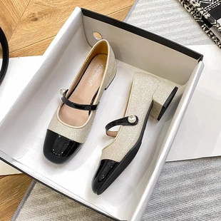 女 闪闪亮片宴会小香风方头一字带粗跟玛丽珍单鞋 15葡萄妈同款
