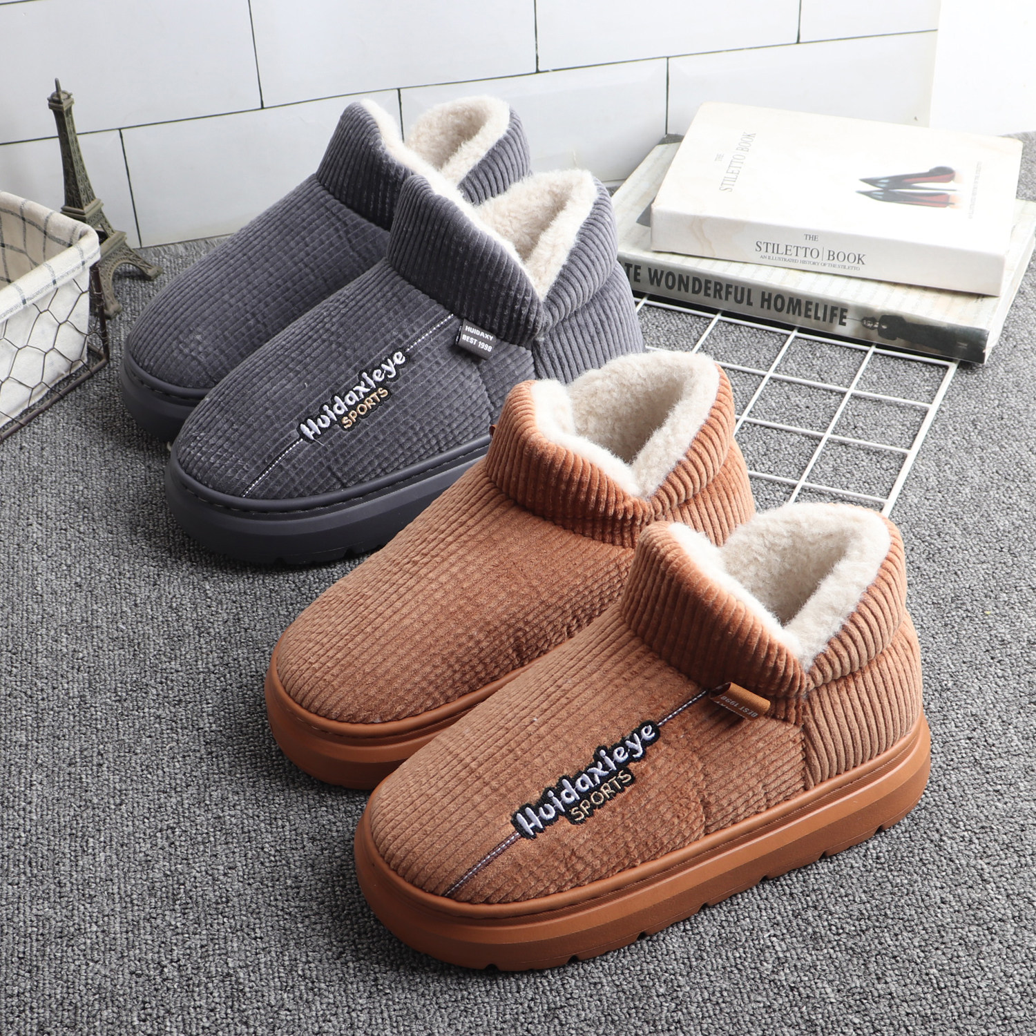 冬季保暖防滑厚底棉鞋女全包跟中老年棉拖鞋男加厚保暖高帮月子鞋