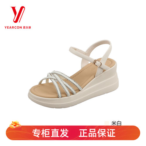 意尔康夏季厚底坡跟一字扣凉鞋