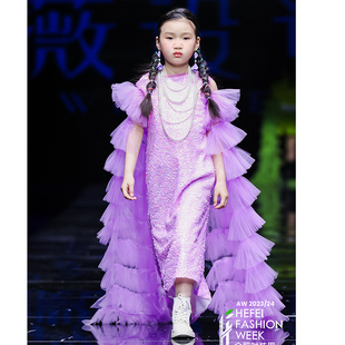 2025薇设计女童晚礼服秀场新款模特走秀高定T台紫色演出服拆卸拖