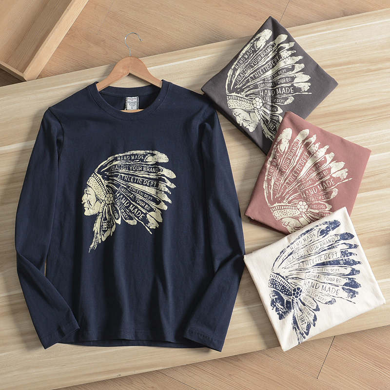 长袖美式休闲男印第安人印花T恤