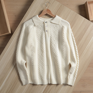 秋冬翻领套头毛衣潮 男士 复古文艺气质 仿羊毛粗针毛线工艺针织衫