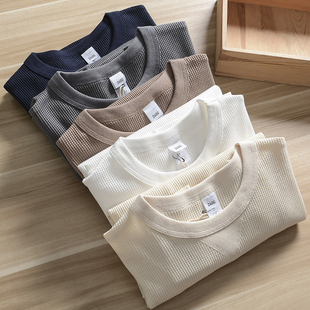 美式重磅260克华夫格面料男士秋季复古倒三角圆领长袖T恤打底衫