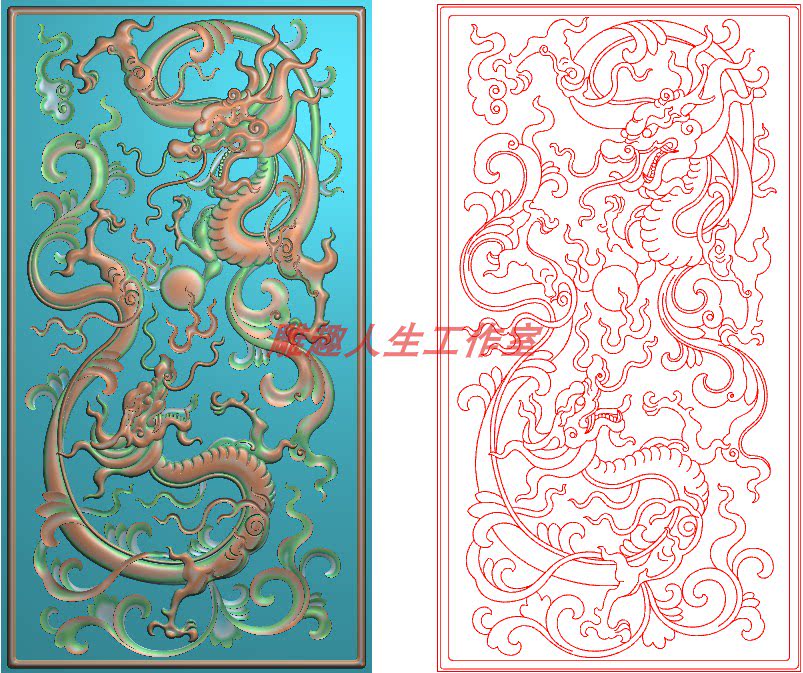 精雕图 二龙戏珠门板 双龙草龙设计素材/源文件