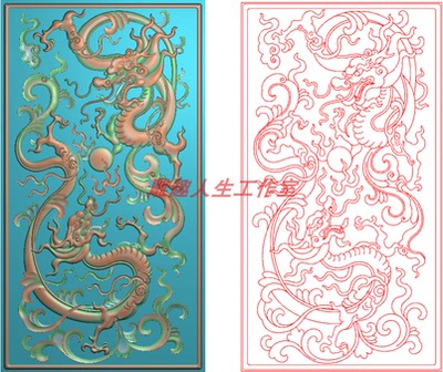 精雕图 二龙戏珠门板 双龙草龙jdp 浮雕草龙电脑雕刻
