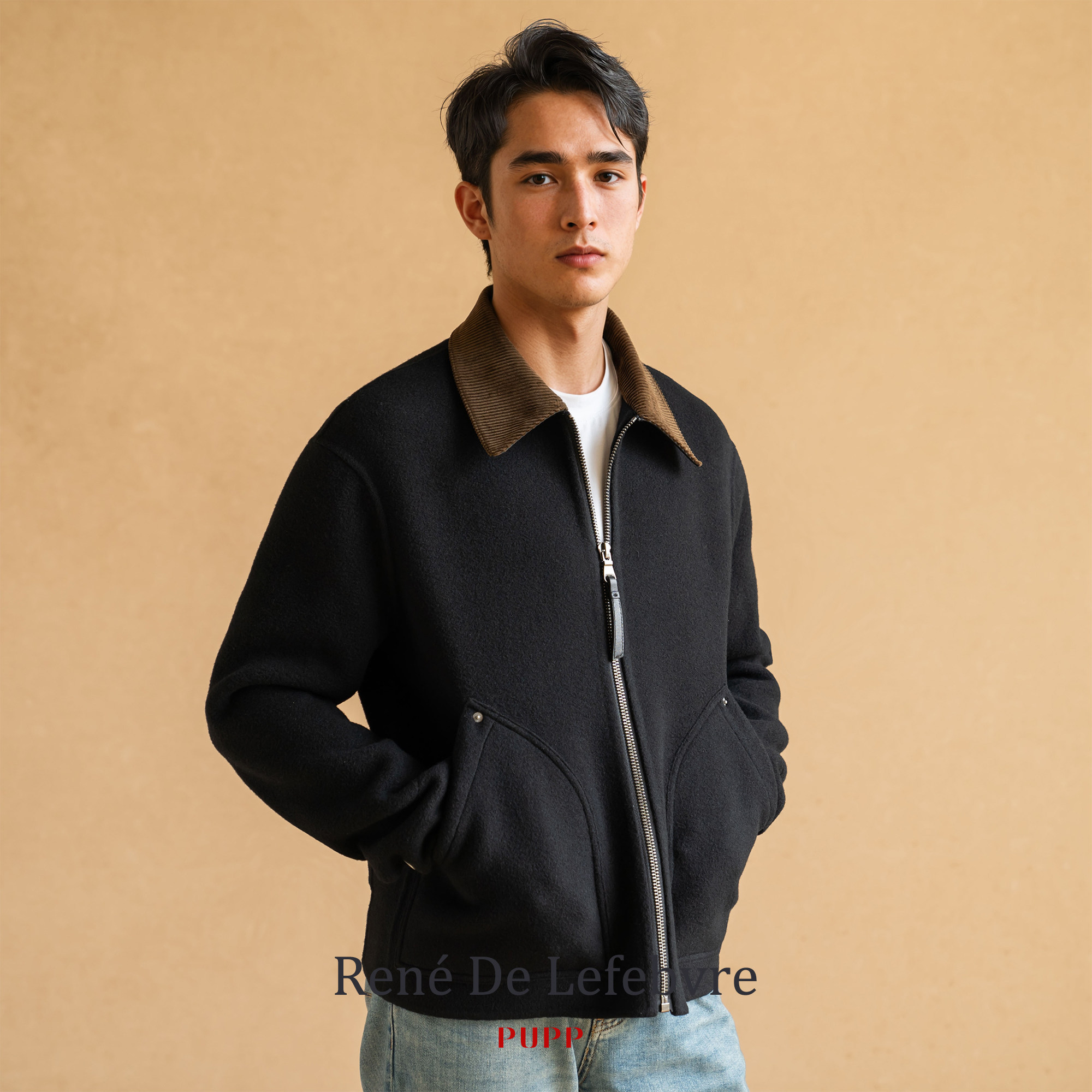 PUPP春季翻领标准型修身男式拼皮双面羊毛呢短款商务休闲夹克外套
