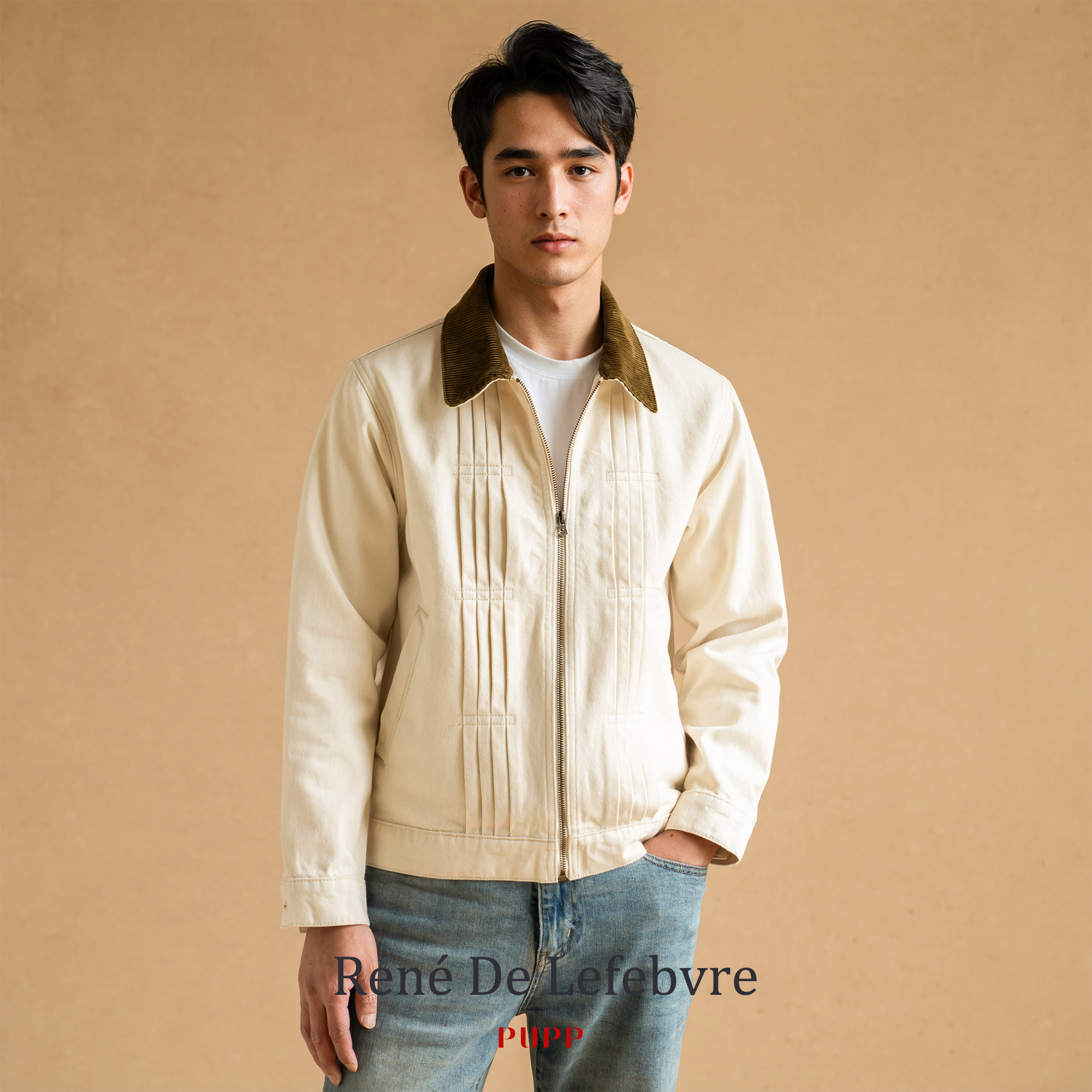 PUPP春秋季男士米白色牛仔原棉胚布复古简约翻领宽松夹克外套