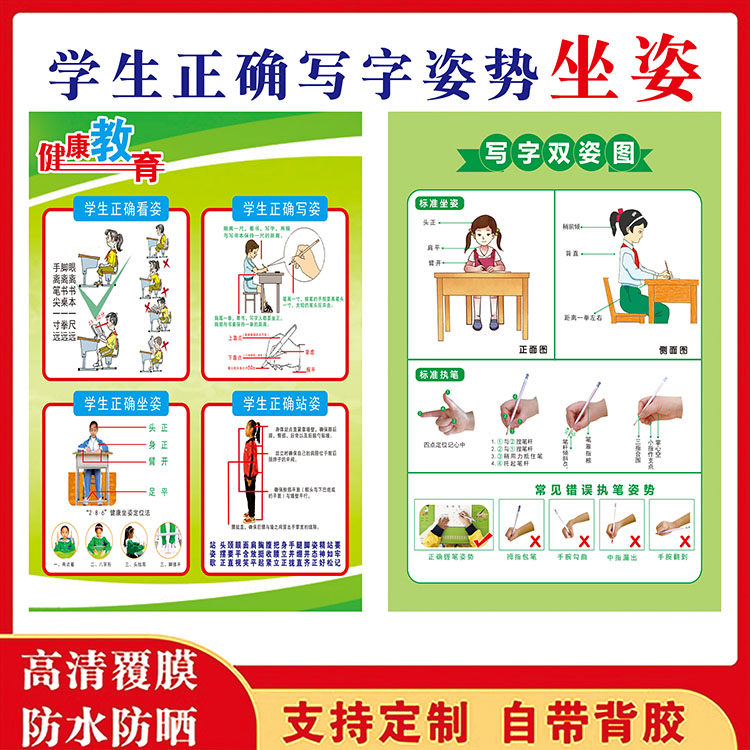 学生标准坐姿正确书写握笔姿势墙贴纸校园书法班教室布置海报挂图
