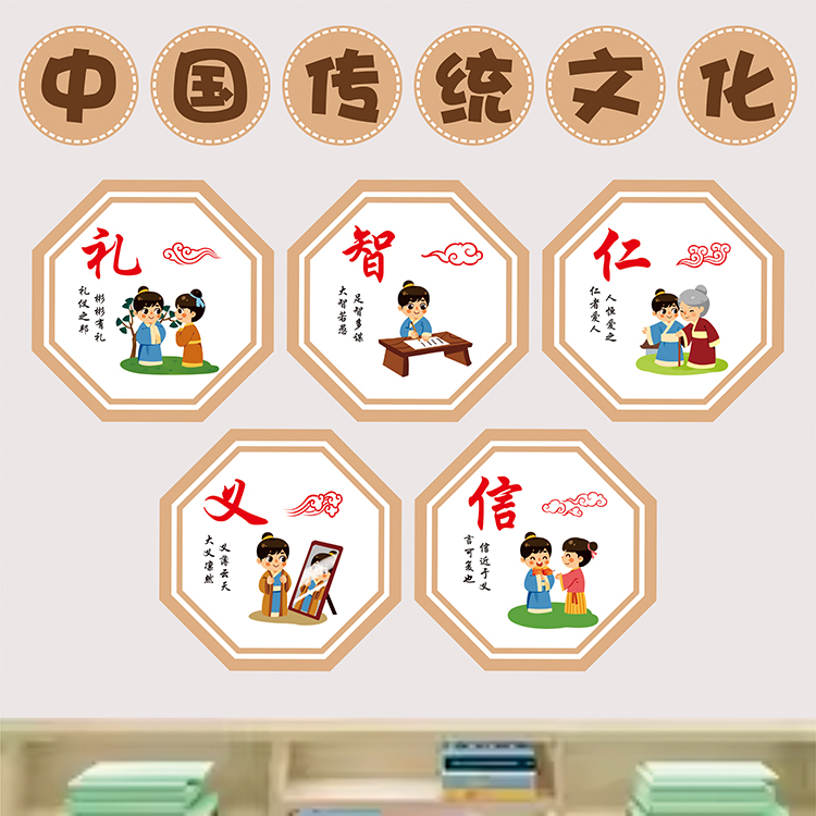 中国风幼儿园主题墙面装饰环创忠礼仪仁智角域文化装饰平面贴纸画图片
