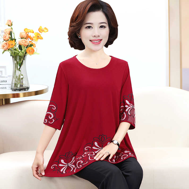 中老年女装中袖T恤加肥大码妈妈春夏季时尚百搭上衣200斤胖M遮肚L