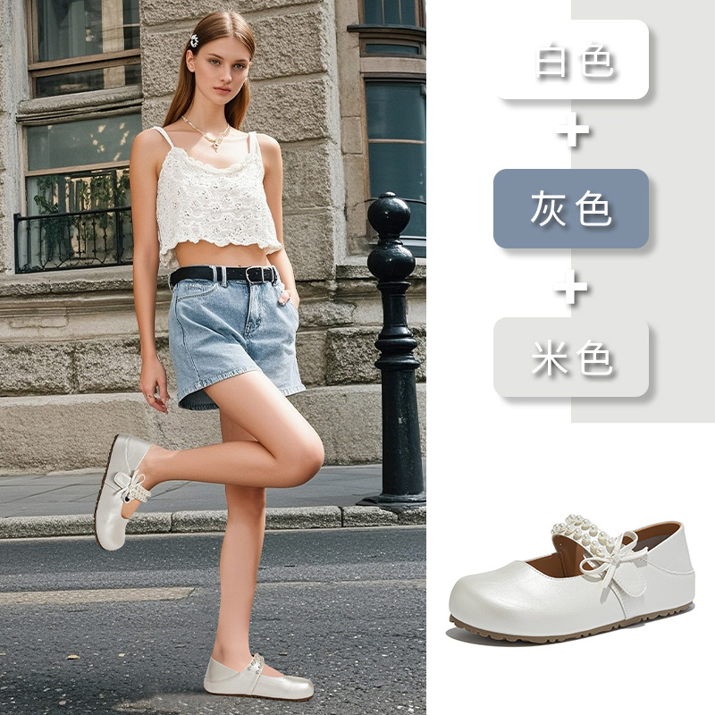 真皮蝴蝶结玛丽珍女鞋2025夏季新款浅口珍珠魔术贴单鞋百搭小皮鞋