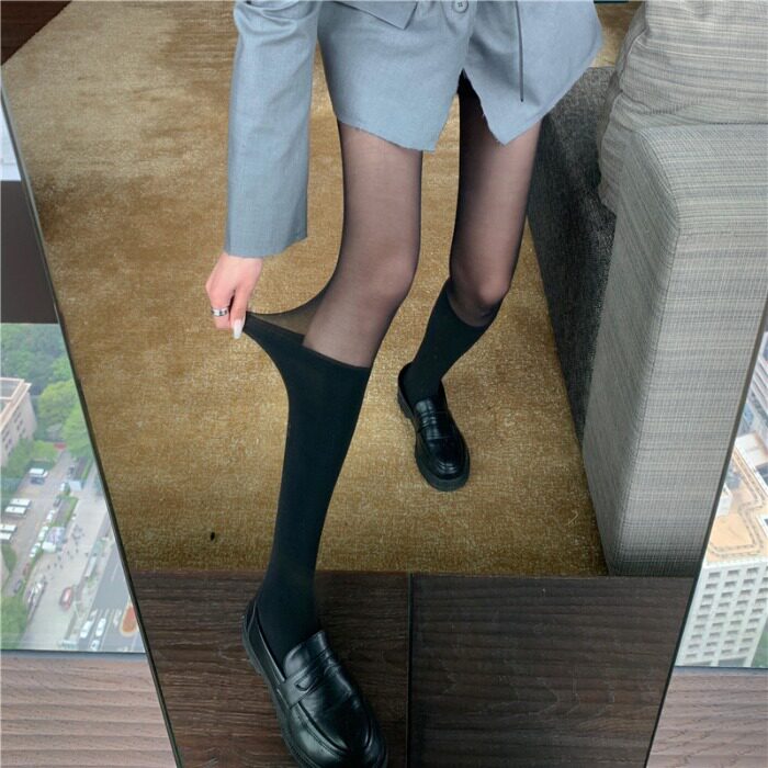 显瘦黑色拼接假短中筒护小腿过膝连裤袜/打底袜