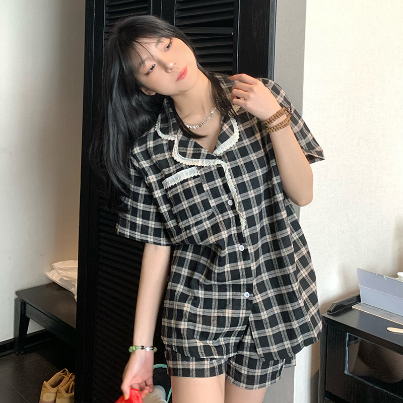 韩版蕾丝格子睡衣女夏天短袖短裤纯棉夏季新款网红高级家居服套装