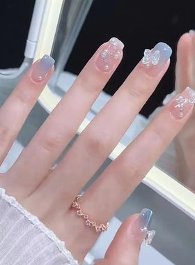 冰透山茶花穿戴甲儿童学生美甲贴片蓝色孕妇女童小孩持久可拆甲片