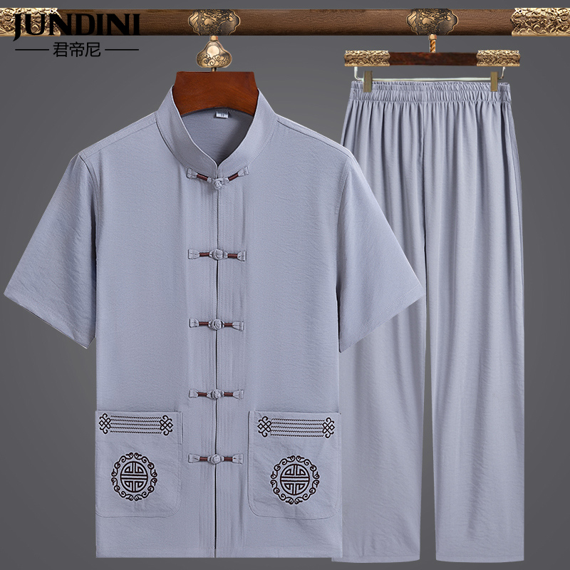 中老年唐装男短袖套装中式棉麻爸爸装中国风爷爷老人父亲节衣服夏