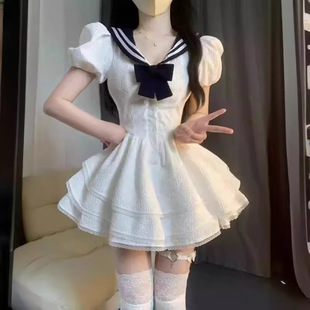 甜美辣妹纯欲初恋在逃公主裙日系收腰蓬蓬裙 海军领连衣裙女夏季