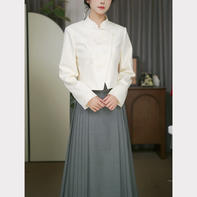 套装-【今时月+知棠序】七分裙新中式刺绣汉服上衣简约秋冬醉雨朵