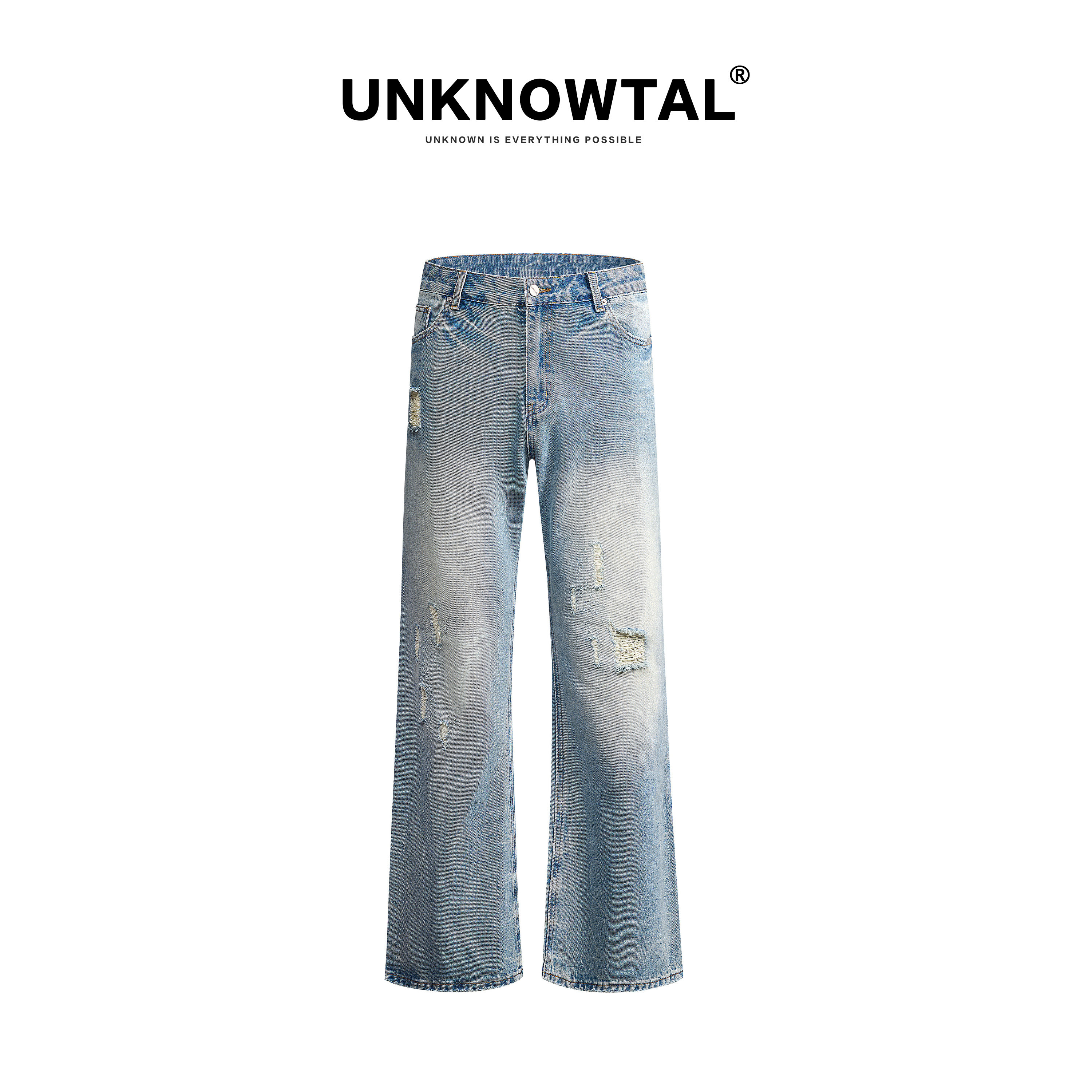 Unknowtal复古破洞宽松牛仔裤男