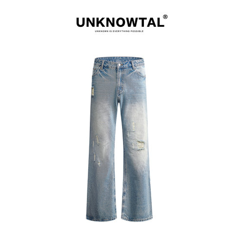 Unknowtal复古破洞宽松牛仔裤男
