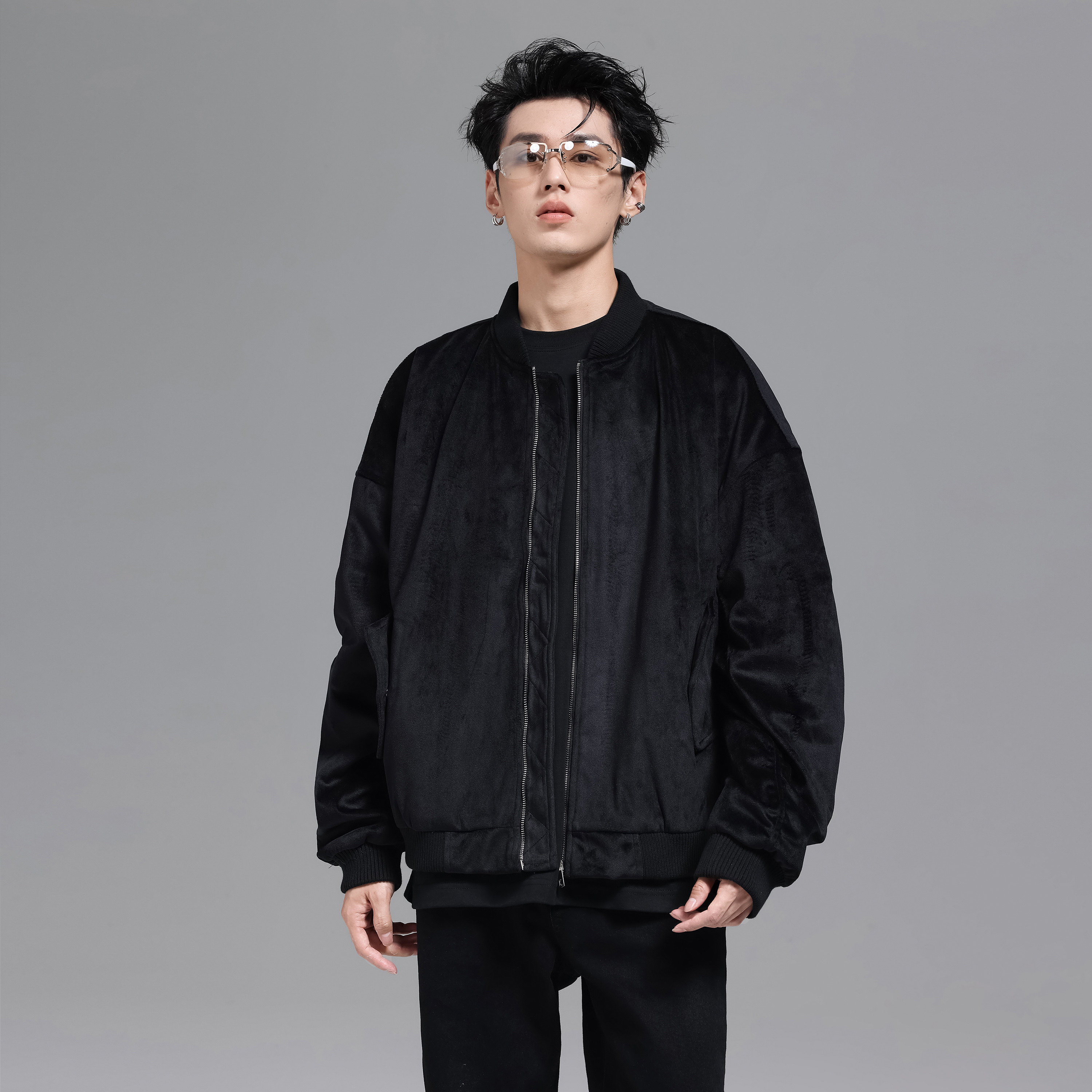 UNKNOWTAL 丝绒手臂褶皱拉链飞行夹克宽松外套国潮牌Clean fit