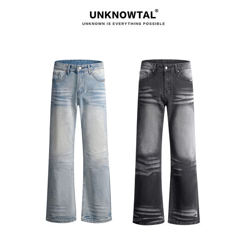 Unknowtal复古做旧阔腿牛仔裤