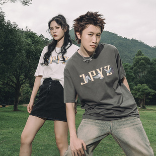 香港潮牌男生刺绣青少年短袖t恤纯棉圆领夏季重磅薄五分袖字母T恤