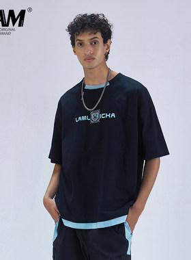 假两件拼接短袖T恤男女嘻哈纯棉