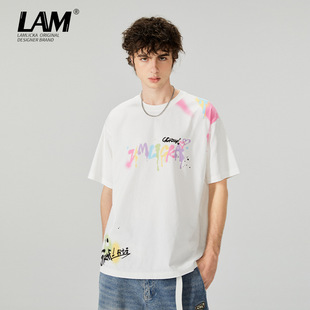 香港潮牌国潮手绘纯棉印花宽松白T恤短袖男夏季情侣休闲半袖体恤