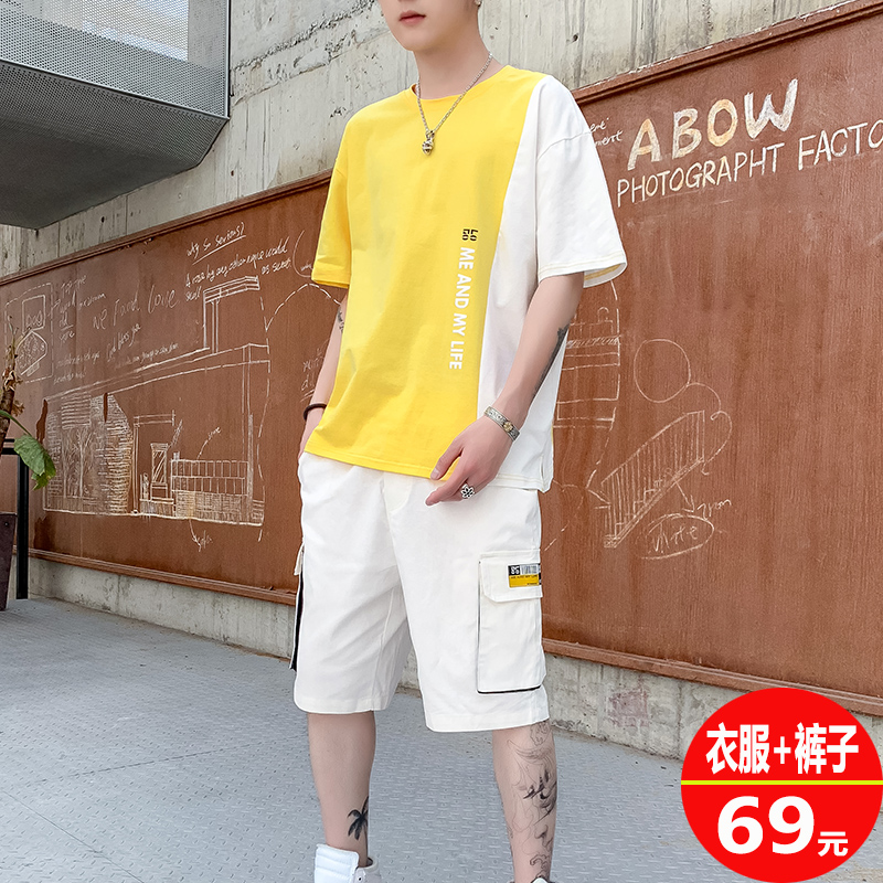 夏季男士短袖T恤套装韩版学生帅气五分裤两件套青年男士休闲装潮