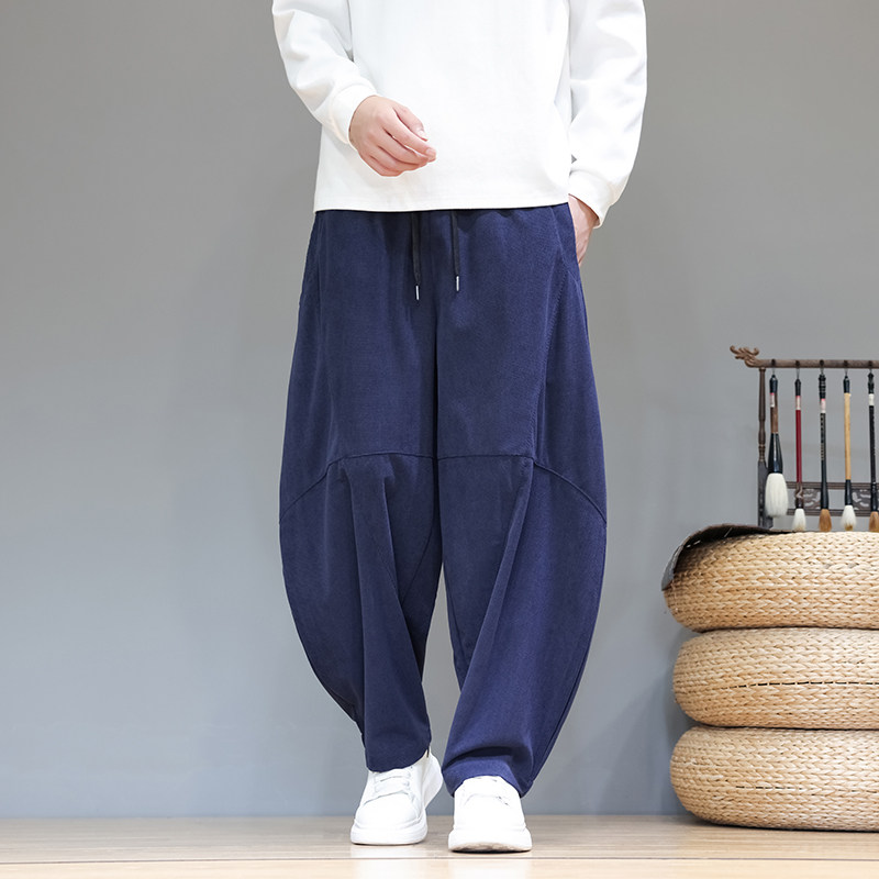 弯刀裤子男秋冬款灯芯绒直筒休闲裤宽松大码阔腿裤潮流复古哈伦裤
